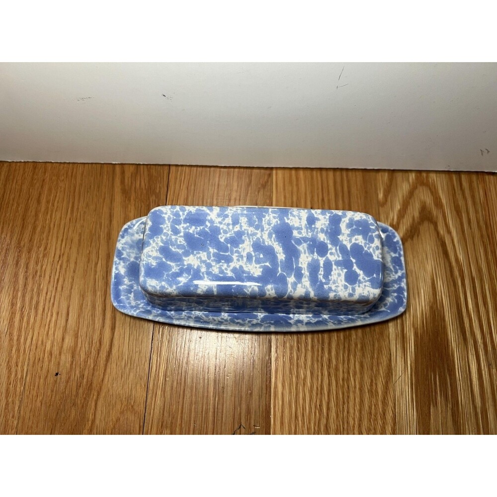 Bennington Potters Stoneware Butter Dish Blue Spongeware 1683 Vermont USA - Picture 2 of 8